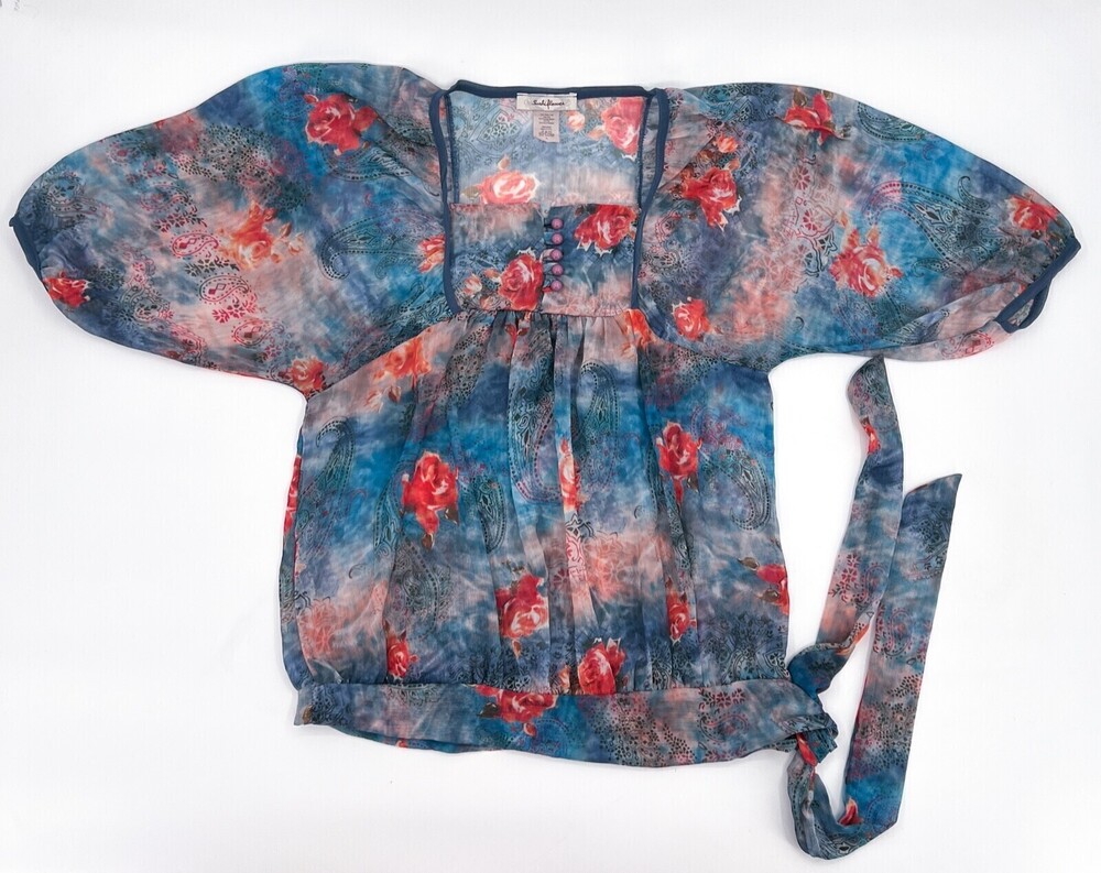 Sushi Flower  Shirt Womens Large Blue Floral Side Tie Peasant Pullover